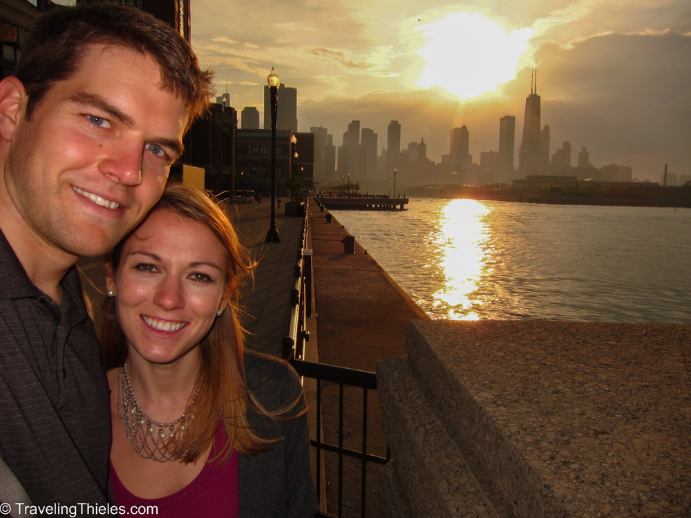 Us at navy pier - great view of the city!  Only took us about 30 tries to get this picture right (I have a big head and I can only stretch my arm out so far for a selfie to include Elisa and a whole skyline).